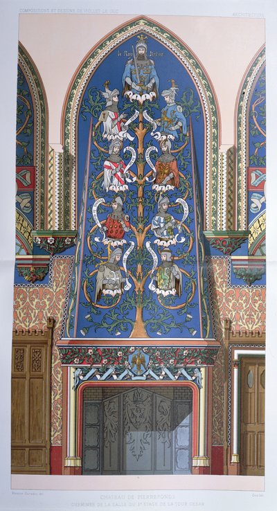 Decorative scheme with King Arthur and the Knights of the Round table, for a fireplace in Cesar Tower at Chateau de Pierrefonds, France by Eugene Emmanuel Viollet le Duc